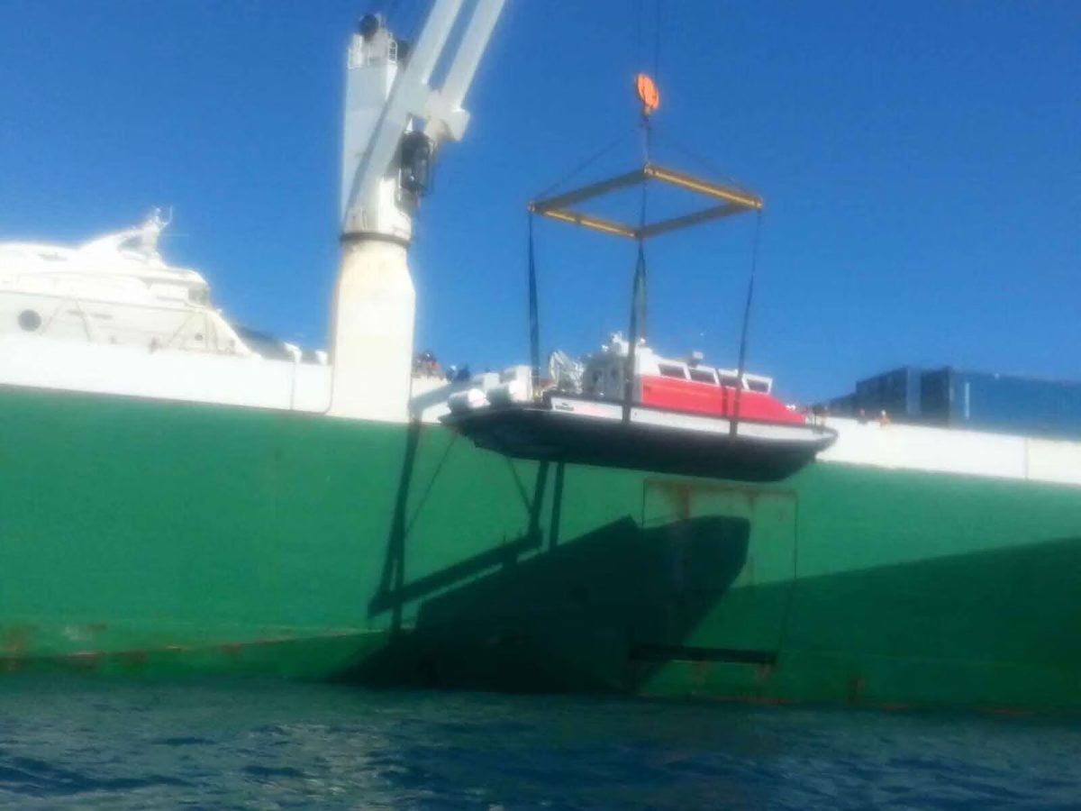 A boat suspended from a ship crane beside a green hull
